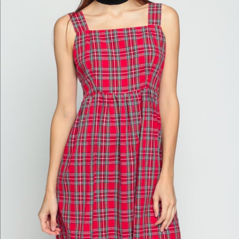 Red Plaid Dress 70s Babydoll Dress Mod Mini 1970s Boho Preppy Vintage Tartan med - Picture 2 of 5